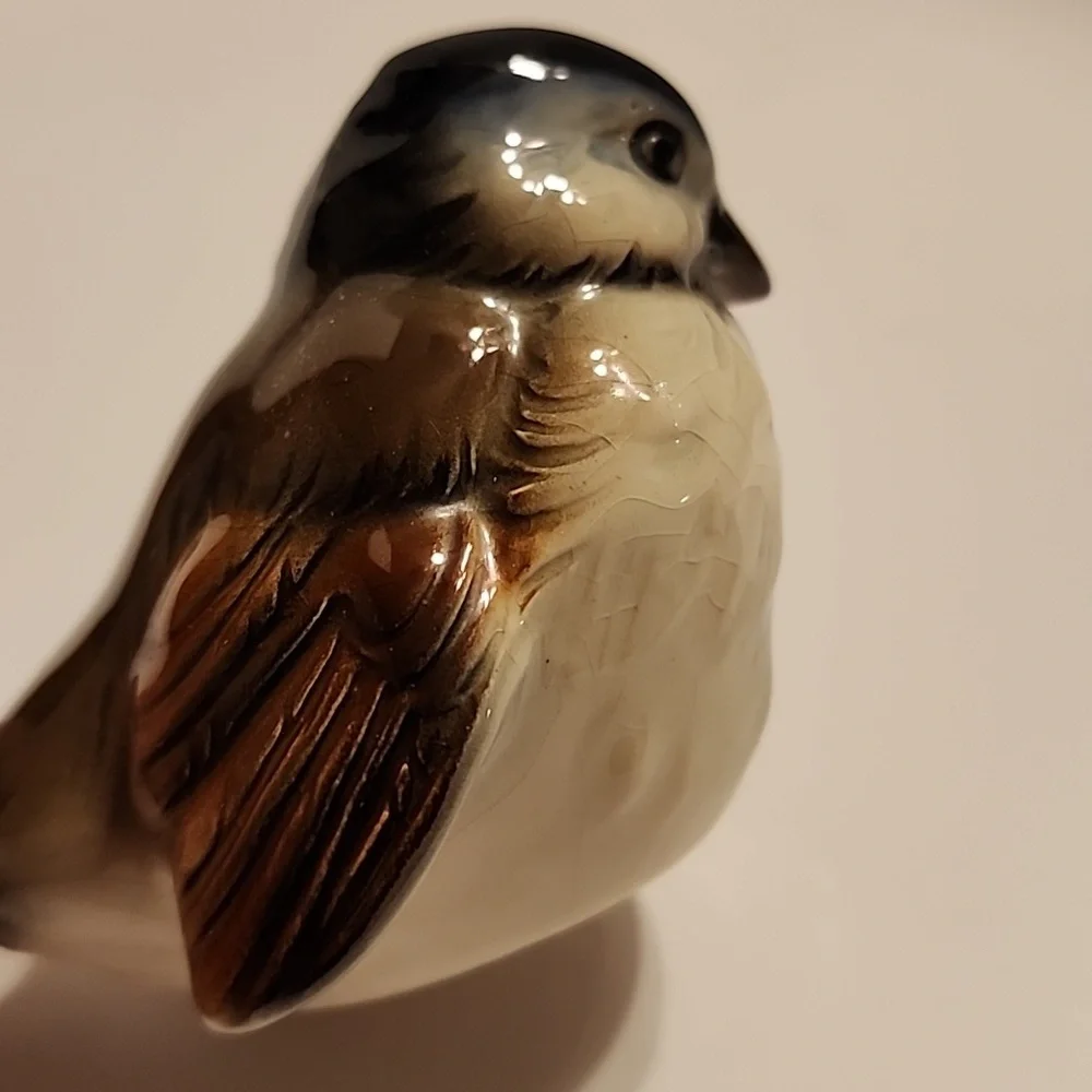 Goebel Ceramic Glazed Sparrow Or Chickadee Figurine in Blue, Brown, Cream, Black